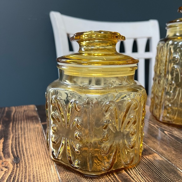 Vintage Amber Glass Jar Imperial LE Smith Atterbury Scroll
